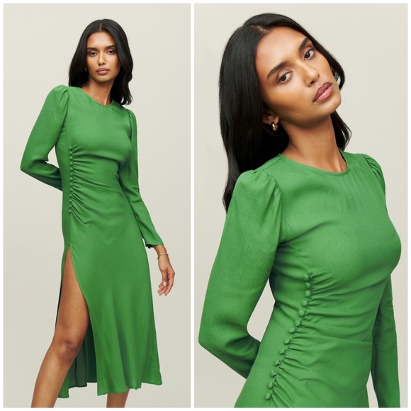 Reformation Dresses & Skirts - 💚 Reformation, Kelly Green Freda Ruched Midi Dress